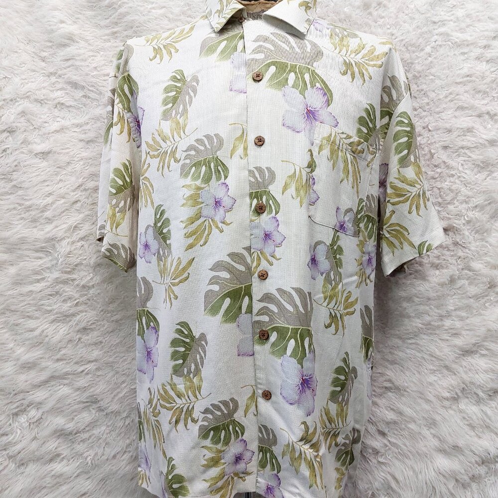 Island Shores Hawaiian Shirt Mens 100% Washable Silk Green Purple Tropical XL
